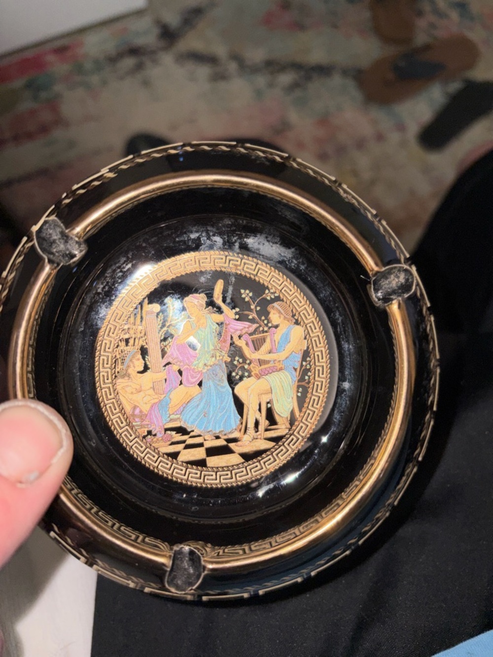 Vintage Black & Gold Decorative Ashtray with Classical Painted Scene